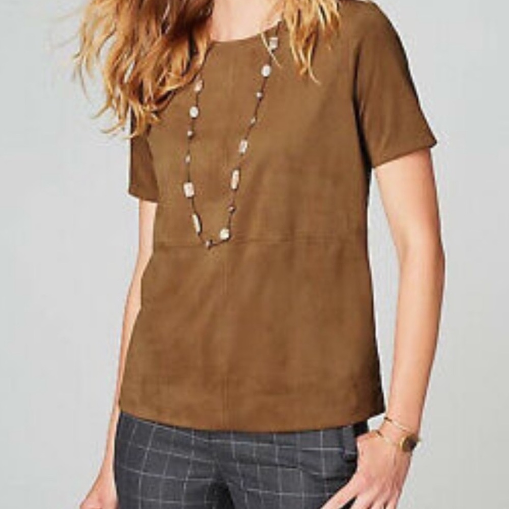 J. Jill Short-Sleeve Crewneck Top in Brown faux suede